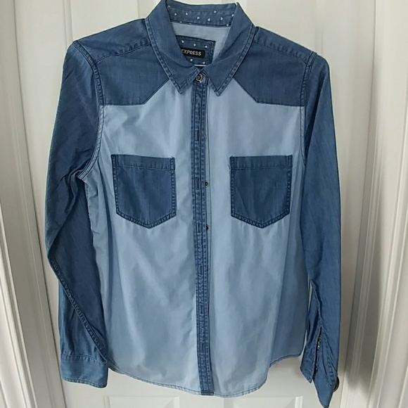 Express denim hearts and colorblock button-down - Picture 2 of 6
